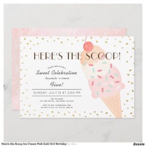 Here's the Scoop Ice Cream Pink Gold Girl Birthday Invitation