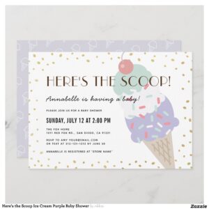 Here's the Scoop Ice Cream Purple Baby Shower Invitation