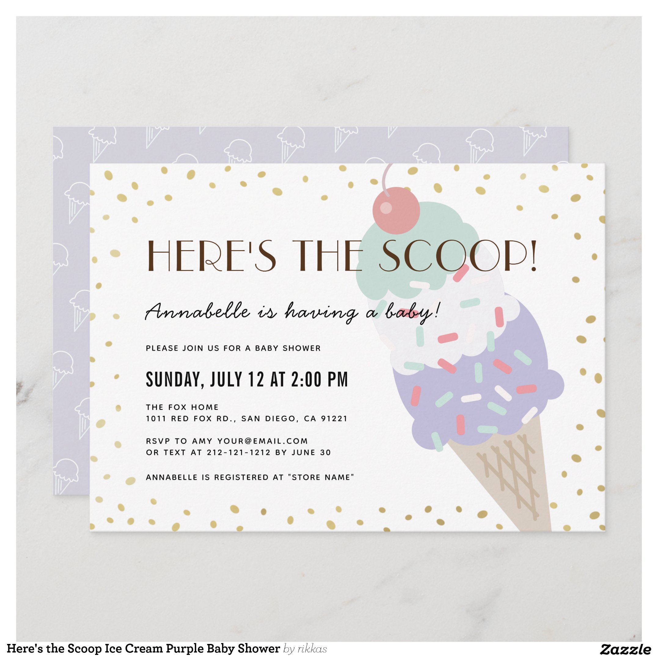 Here's the Scoop Ice Cream Purple Baby Shower Invitation