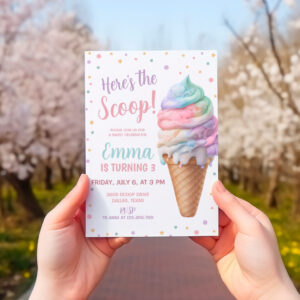 Here's the Scoop Pastel Pink Ice Cream Birthday Invitation