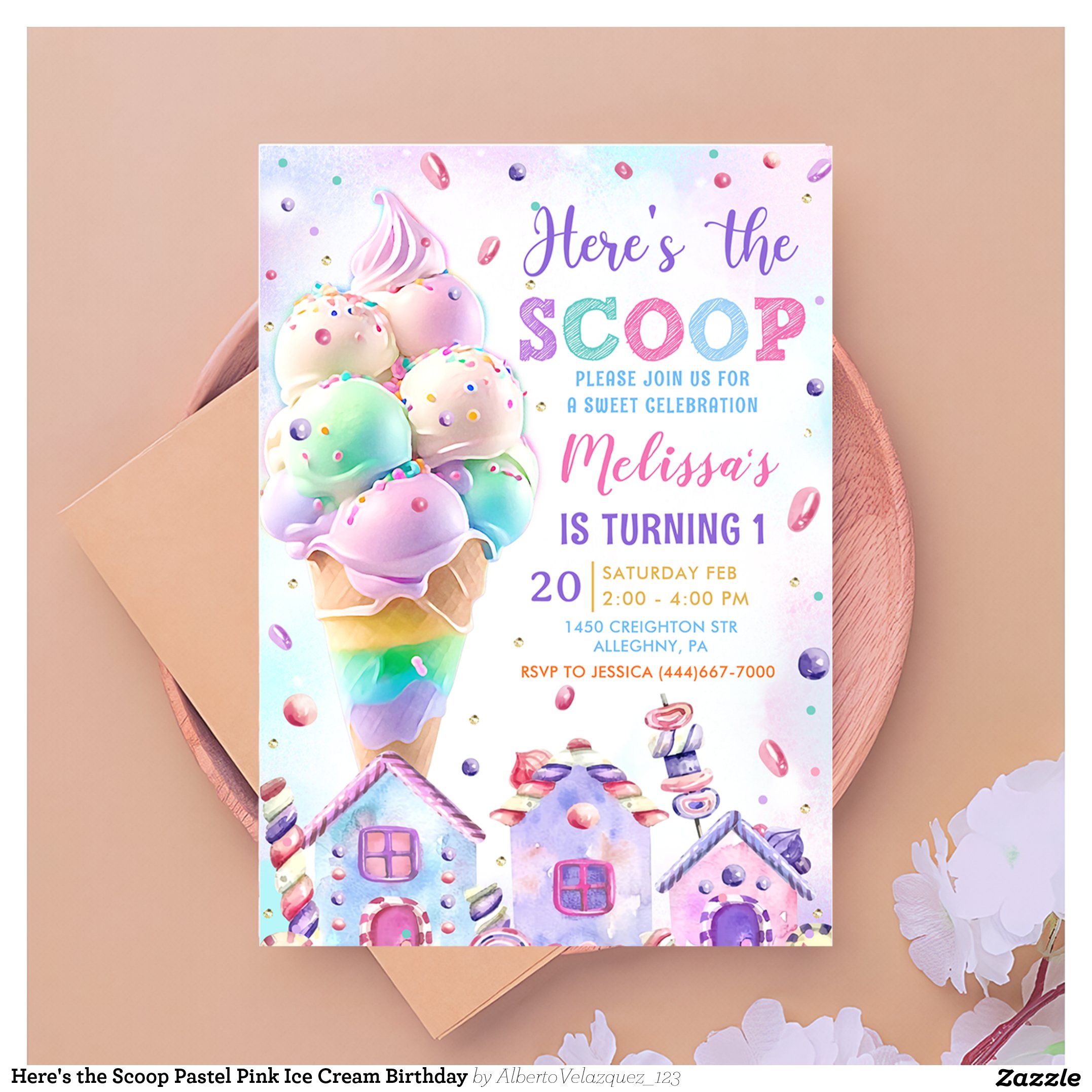 Here's the Scoop Pastel Pink Ice Cream Birthday Invitation