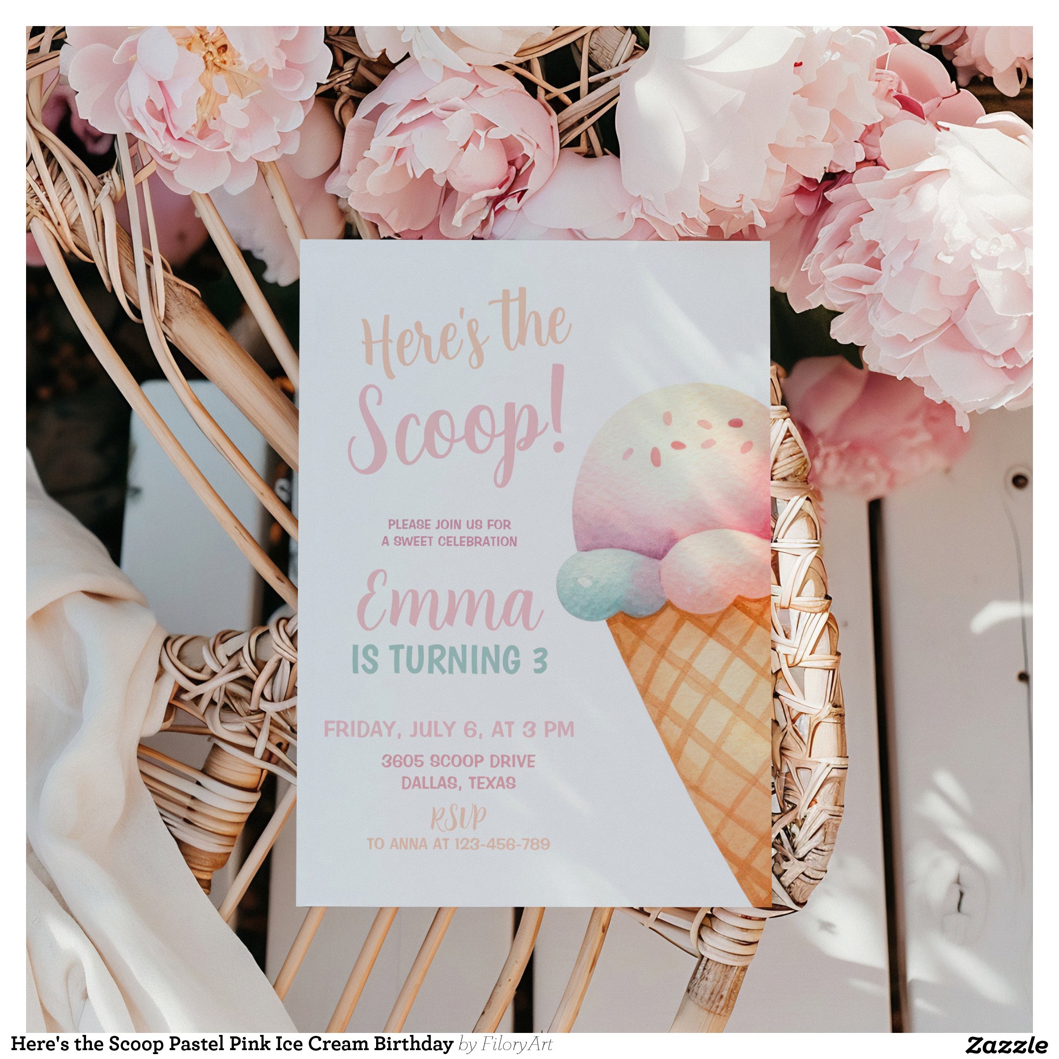 Here's the Scoop Pastel Pink Ice Cream Birthday Invitation
