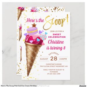 Here's The Scoop Pink Gold Ice Cream Birthday Invitation