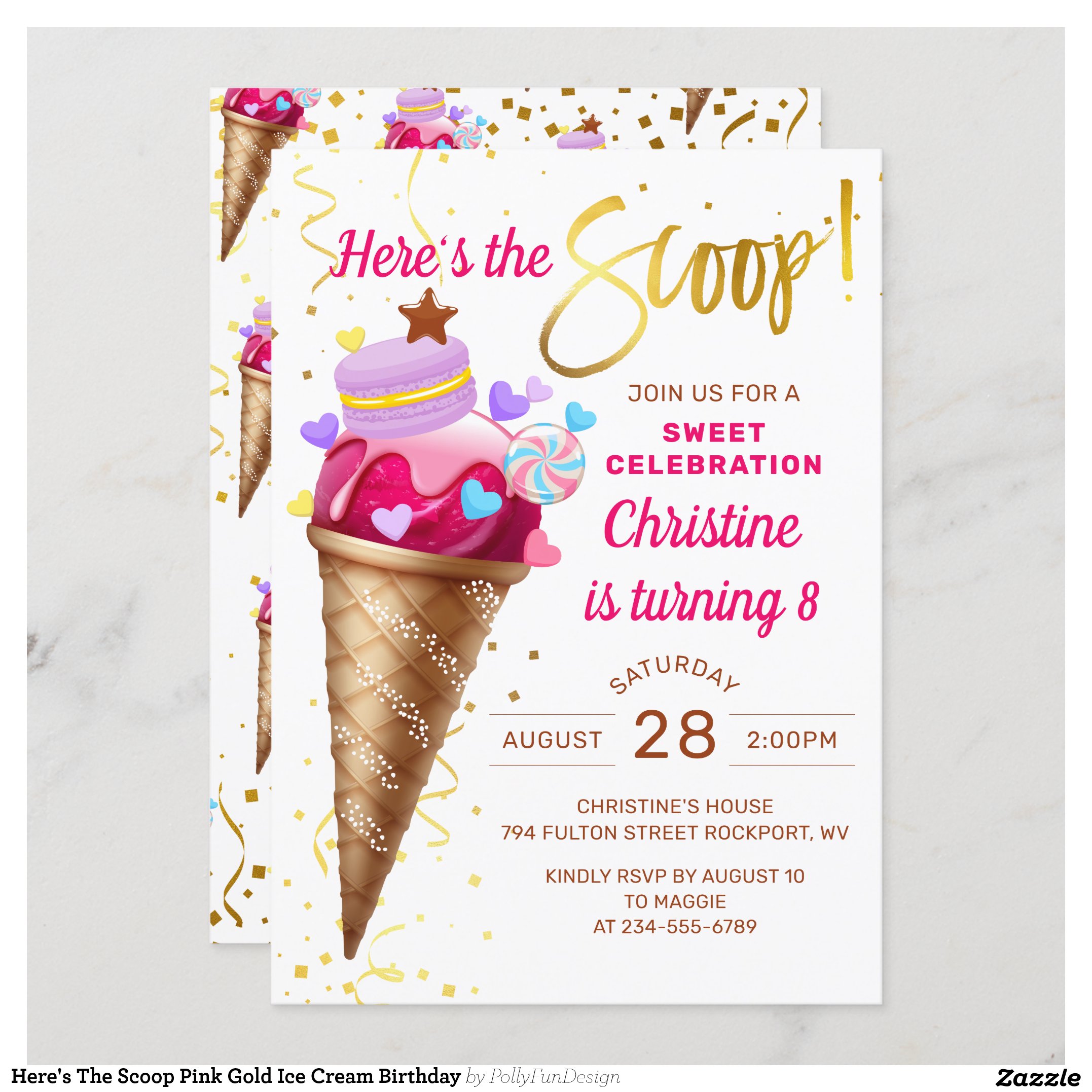 Here's The Scoop Pink Gold Ice Cream Birthday Invitation