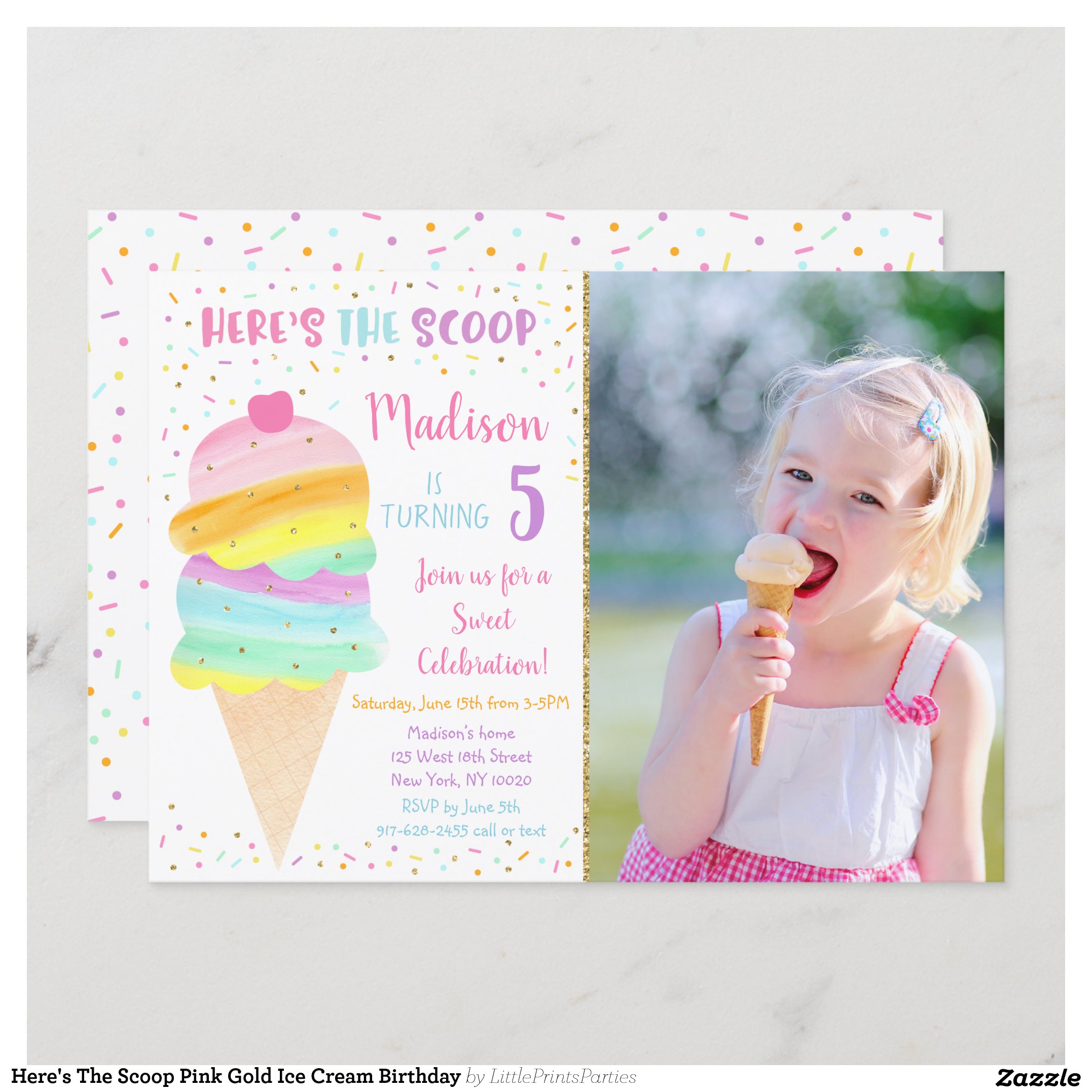 Here's The Scoop Pink Gold Ice Cream Birthday Invitation