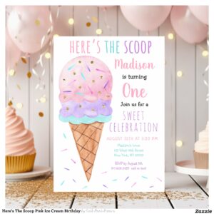 Here's The Scoop Pink Ice Cream Birthday Invitation