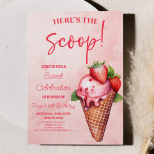 Here's The Scoop! Pink Ice Cream Birthday Party Invitation