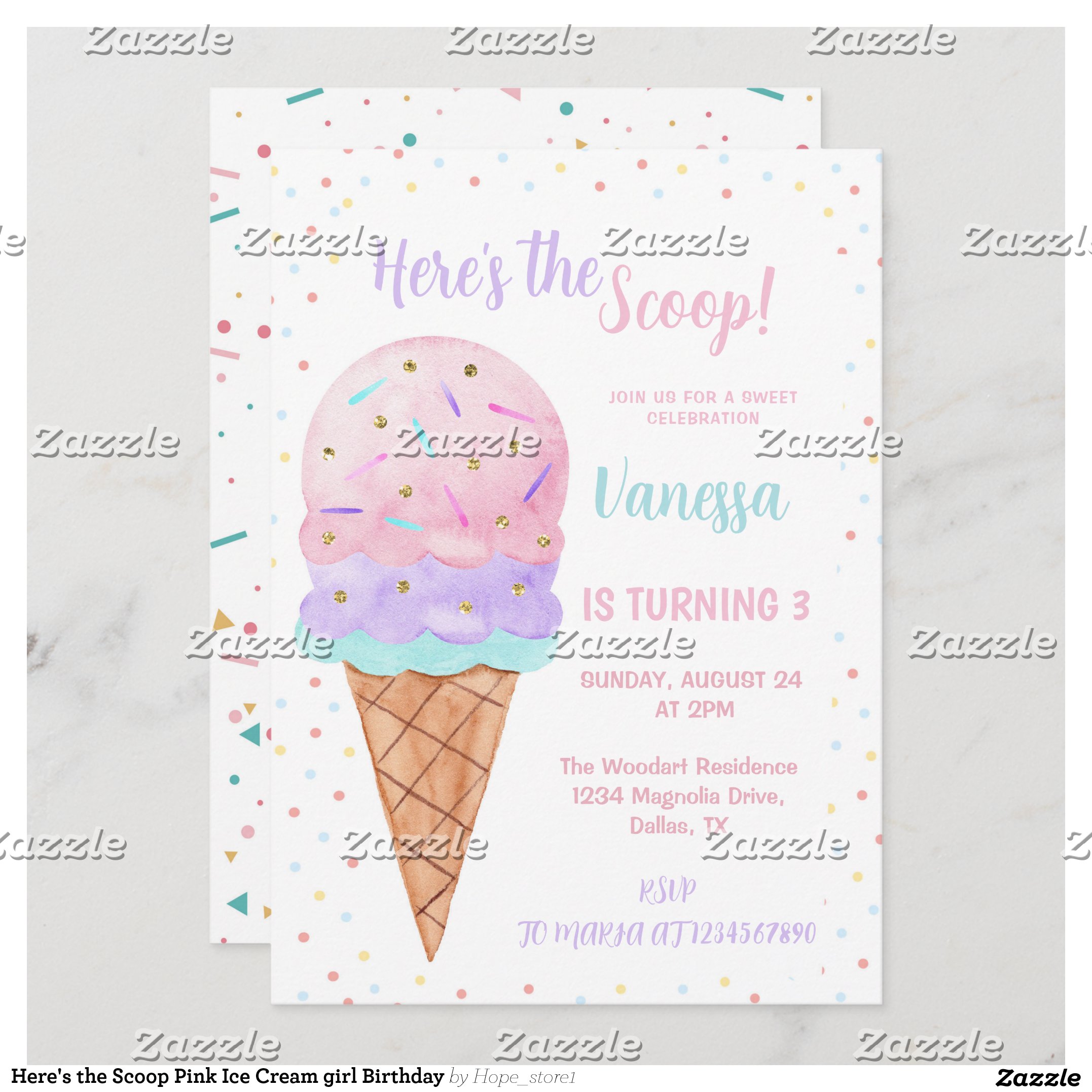 Here's the Scoop Pink Ice Cream girl Birthday Invitation