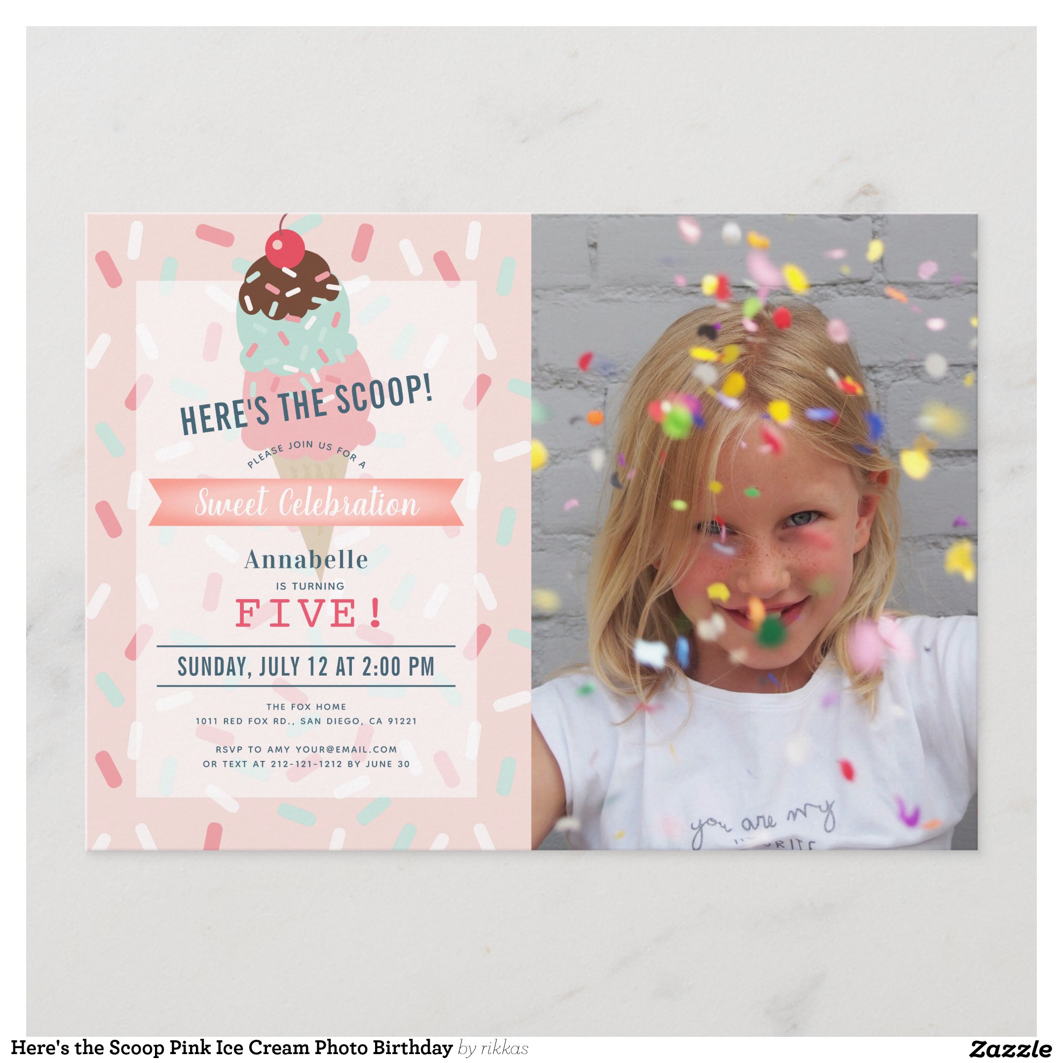 Here's the Scoop Pink Ice Cream Photo Birthday Invitation