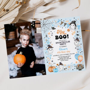 Hey Boo! Blue Halloween Ghost Boy Birthday Invitation