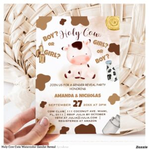 Holy Cow Cute Watercolor Gender Reveal Invitation