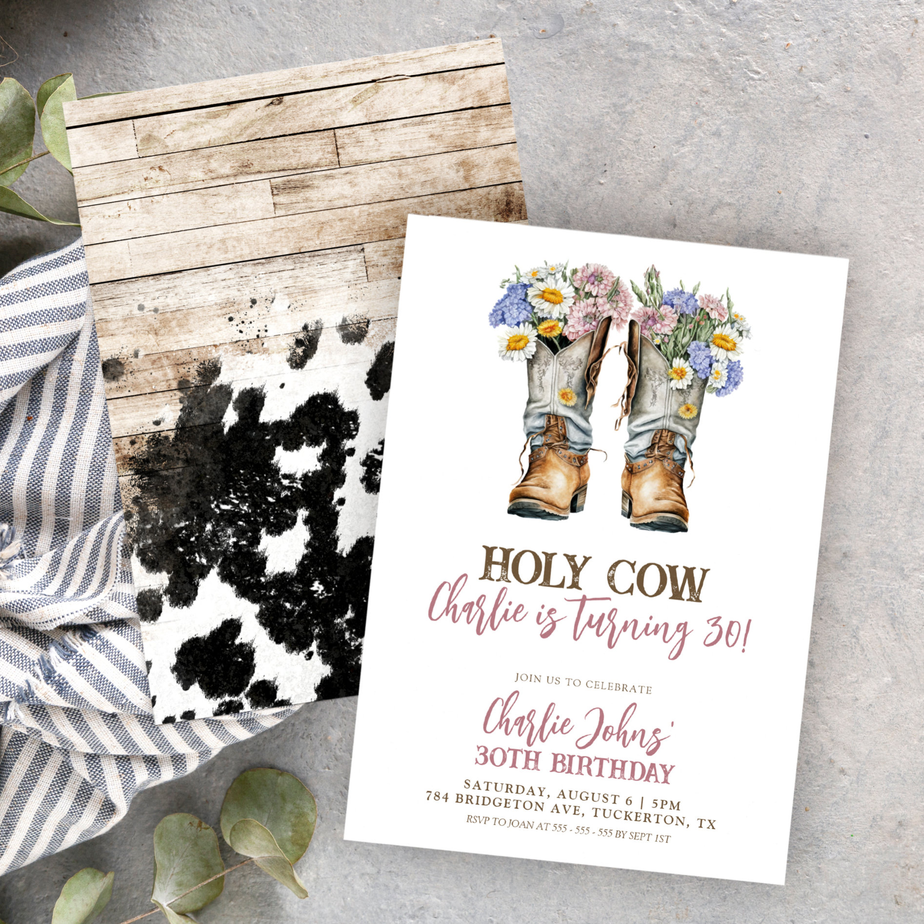 Holy Cow Floral Cowboy Boots 30th Birthday Invitation