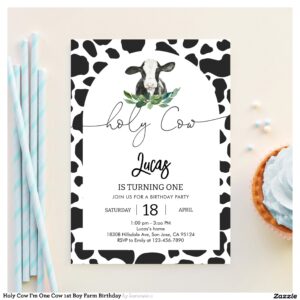 Holy Cow I'm One Cow 1st Boy Farm Birthday Invitation