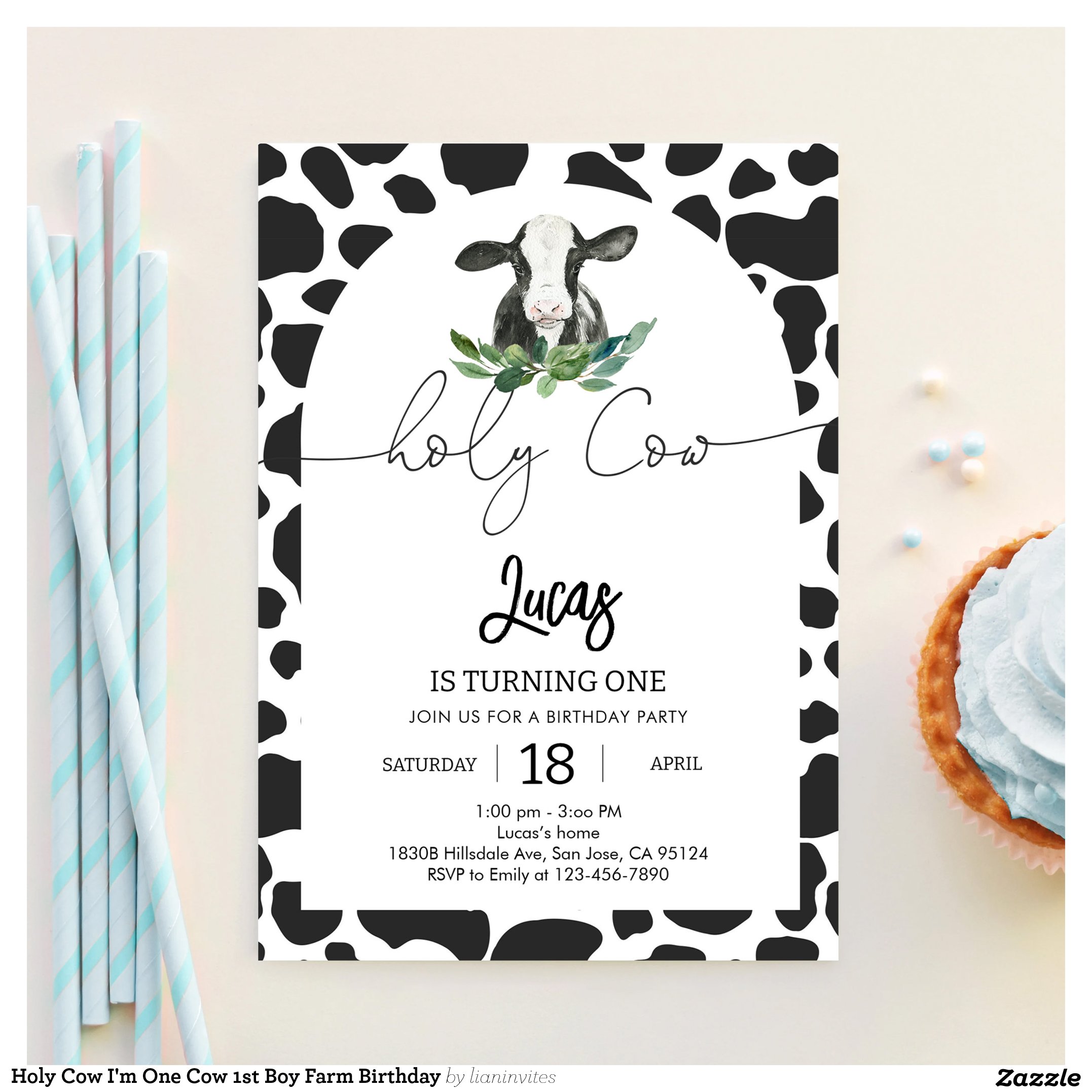 Holy Cow I'm One Cow 1st Boy Farm Birthday Invitation