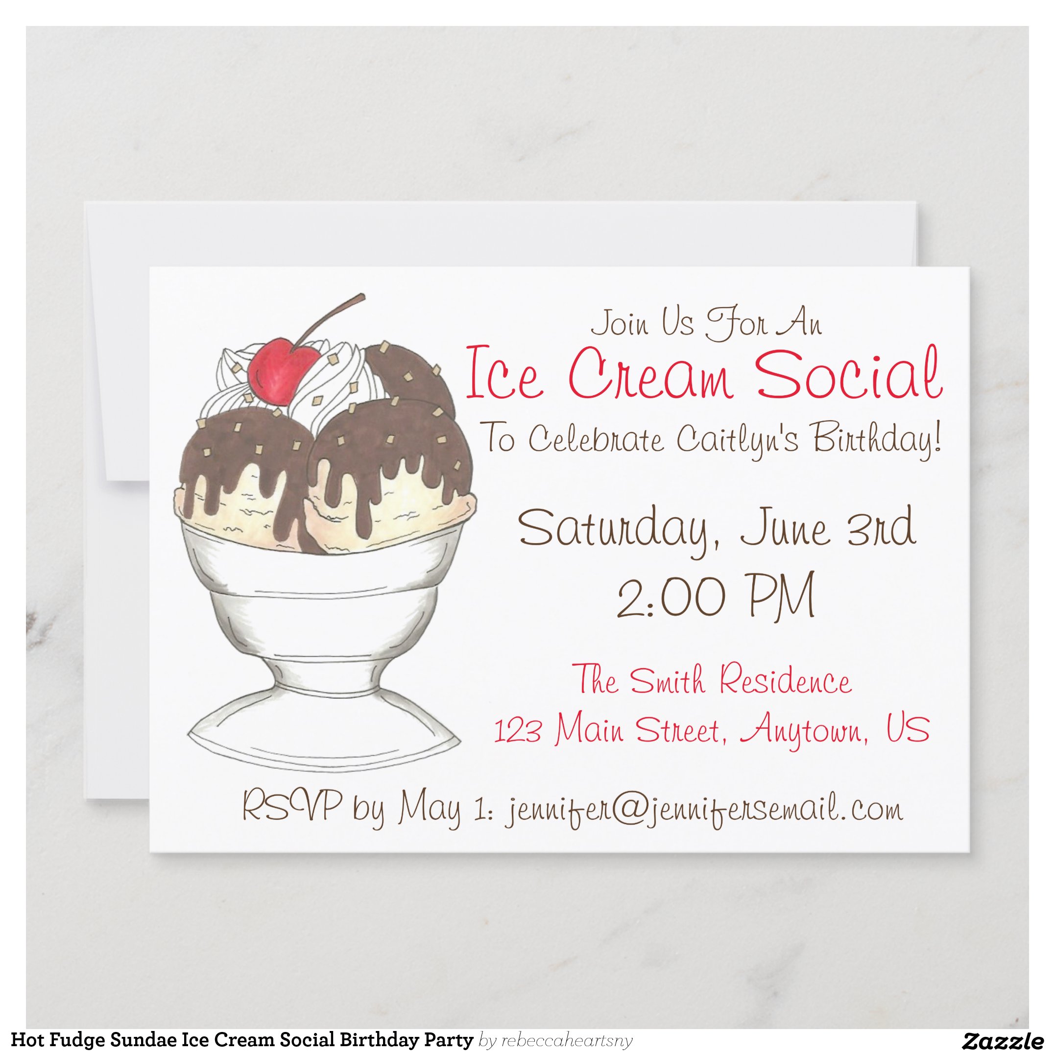 Hot Fudge Sundae Ice Cream Social Birthday Party Invitation