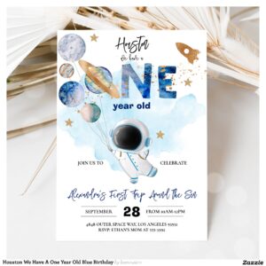 Houston We Have A One Year Old Blue Birthday Invitation