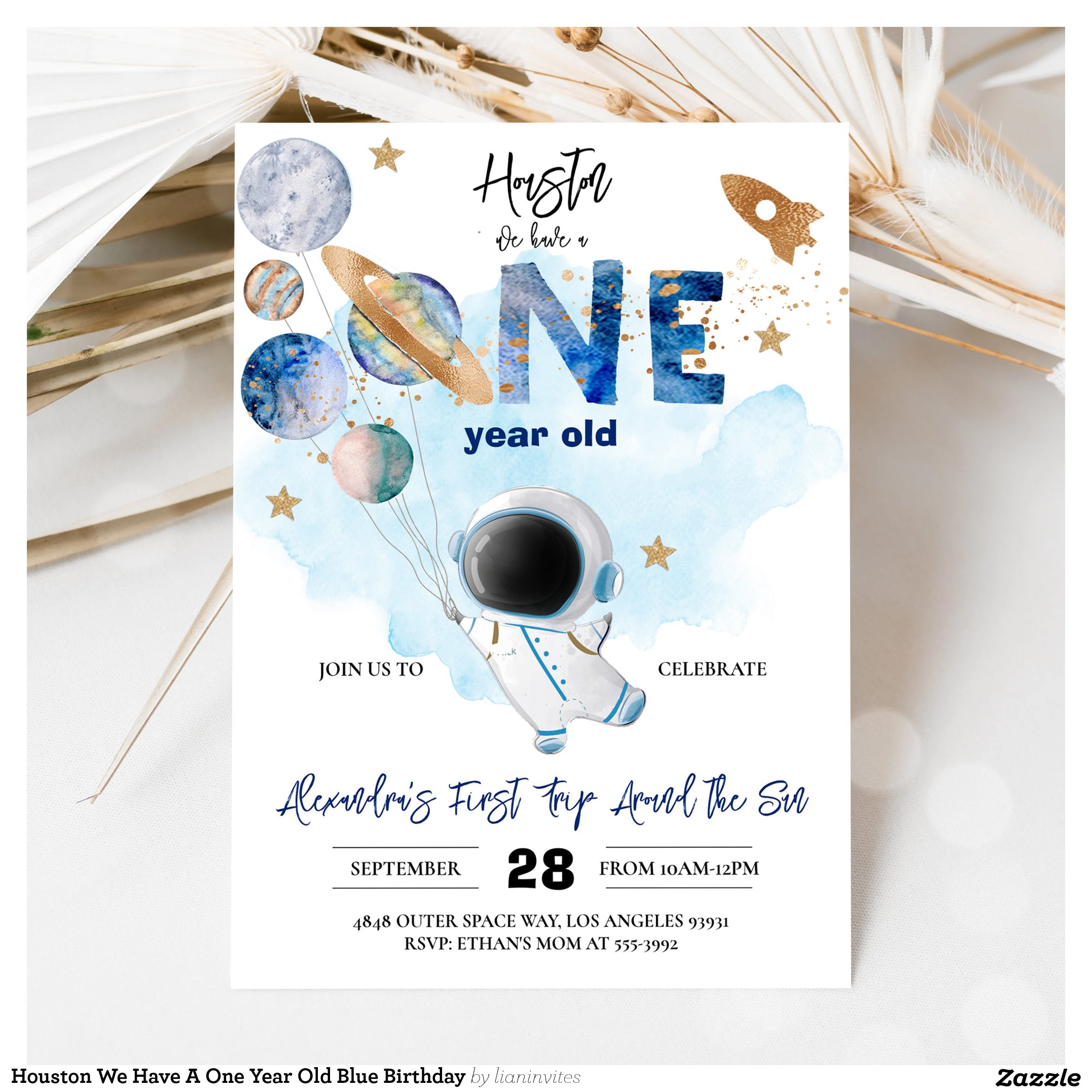 Houston We Have A One Year Old Blue Birthday Invitation