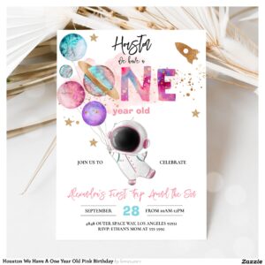 Houston We Have A One Year Old Pink Birthday Invitation
