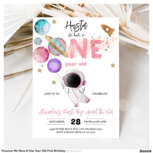 Houston We Have A One Year Old Pink Birthday Invitation
