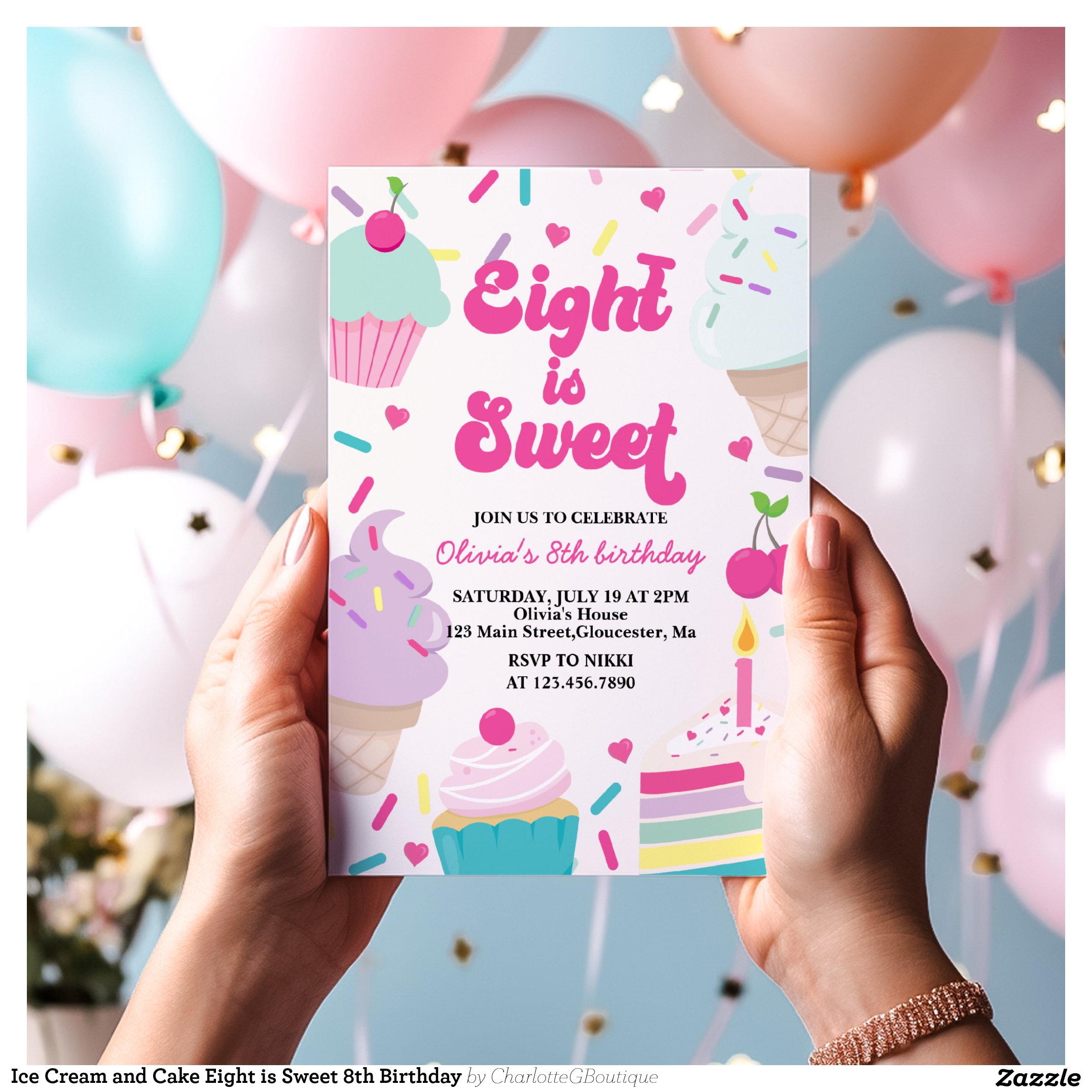 Ice Cream and Cake Eight is Sweet 8th Birthday Invitation
