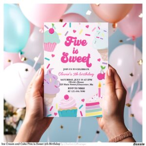 Ice Cream and Cake Five is Sweet 5th Birthday Invitation