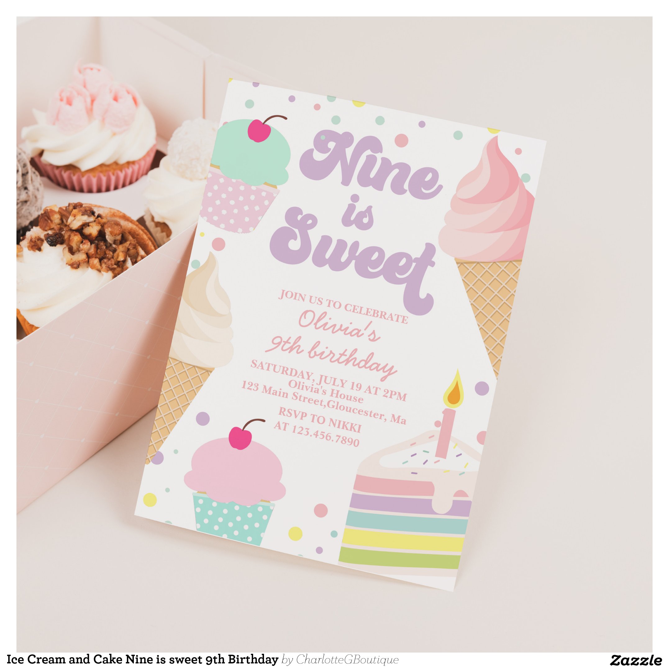 Ice Cream and Cake Nine is sweet 9th Birthday Invitation
