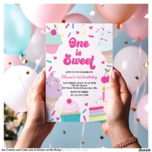Ice Cream and Cake one is Sweet 1st Birthday Invitation