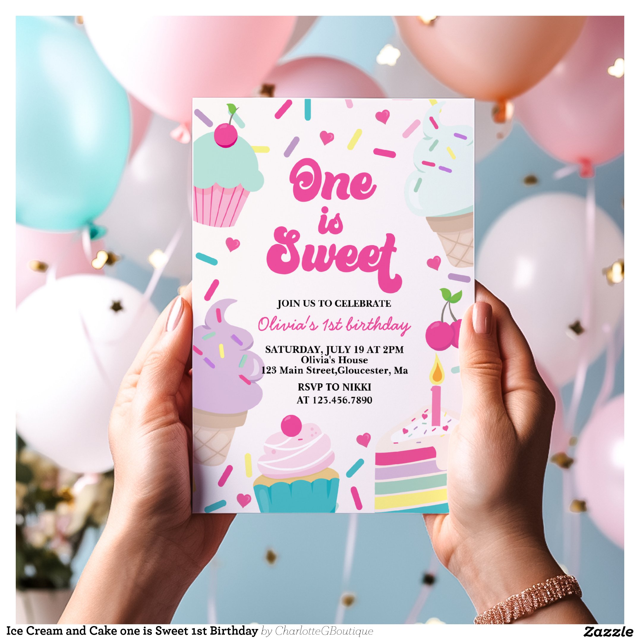 Ice Cream and Cake one is Sweet 1st Birthday Invitation