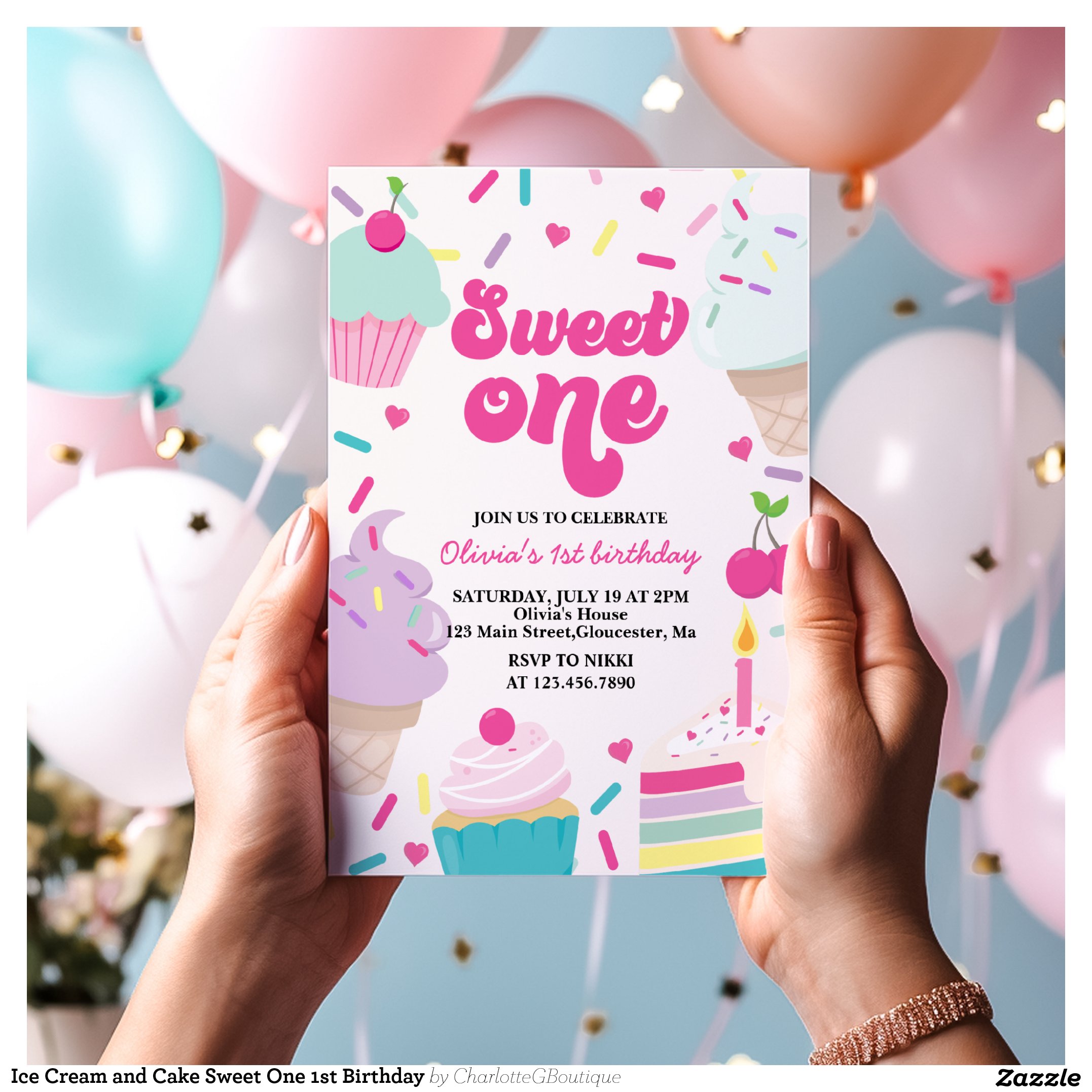 Ice Cream and Cake Sweet One 1st Birthday Invitation
