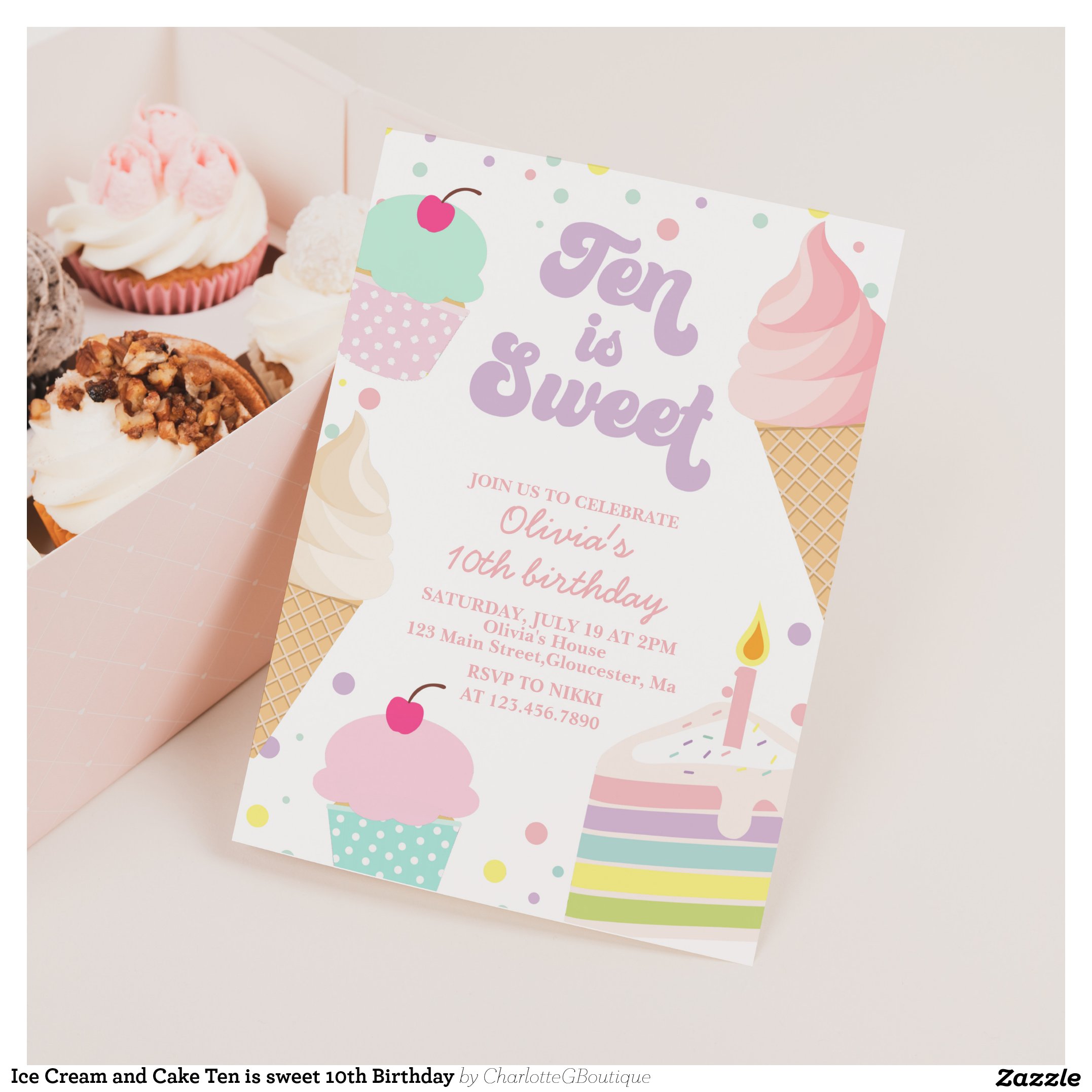 Ice Cream and Cake Ten is sweet 10th Birthday Invitation