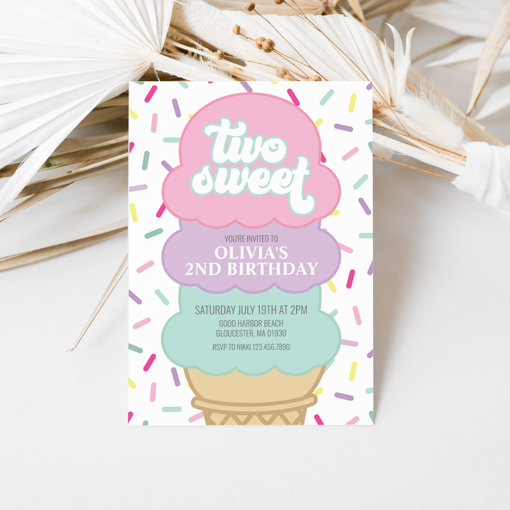 Ice Cream and Sprinkles Two Sweet 2nd Birthday Invitation