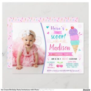 Ice Cream Birthday Party Invitations with Photo