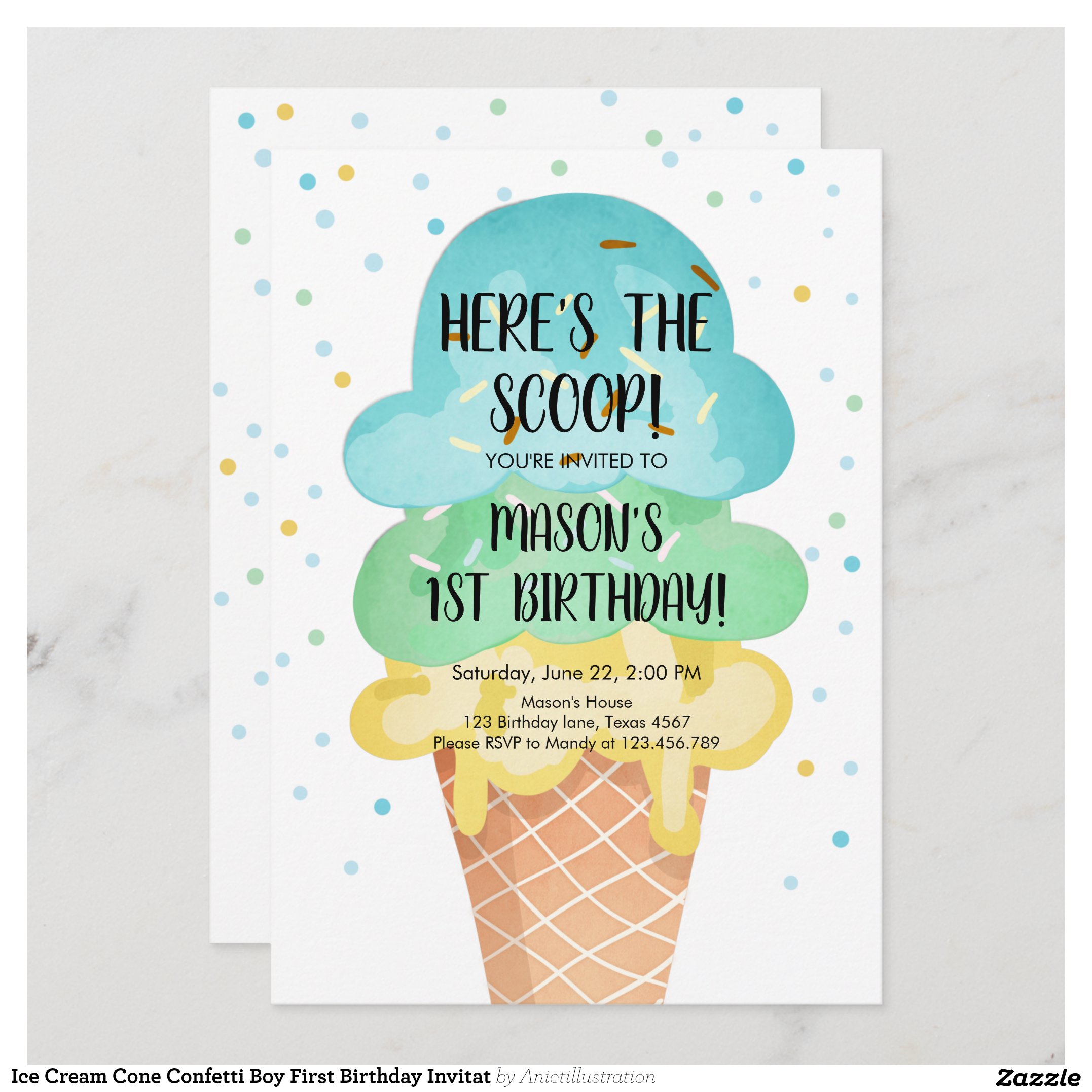 Ice Cream Cone Confetti Boy First Birthday Invitat Invitation