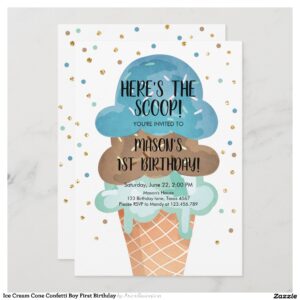 Ice Cream Cone Confetti Boy First Birthday Invitation