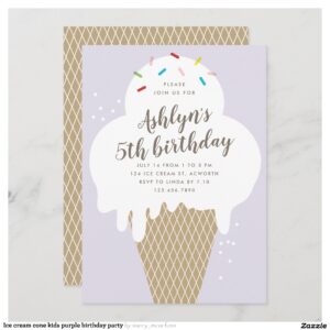 Ice cream cone kids purple birthday party invitation