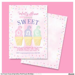 Ice Cream Cones & Sprinkles Pink Purple Birthday Invitation