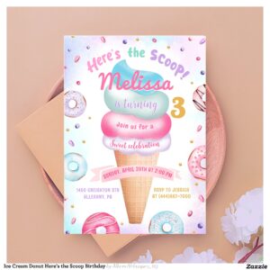 Ice Cream Donut Here's the Scoop Birthday Invitation