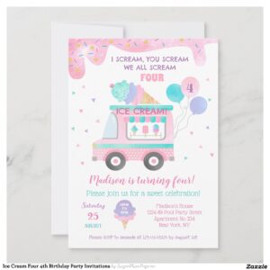 Ice Cream Four 4th Birthday Party Invitations