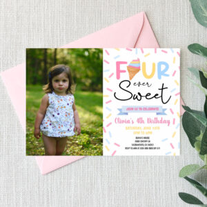 Ice Cream Four Ever Sweet 4th Birthday Party Invitation