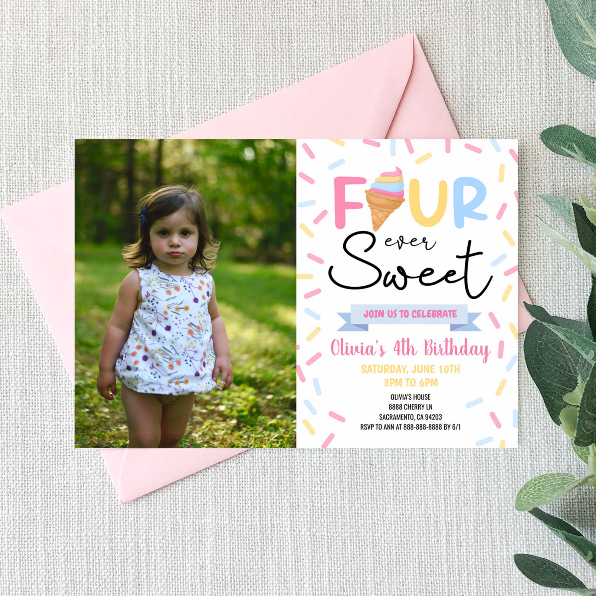 Ice Cream Four Ever Sweet 4th Birthday Party Invitation
