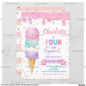 Ice Cream Fourever Sweet 4th Birthday Party Pink Invitation