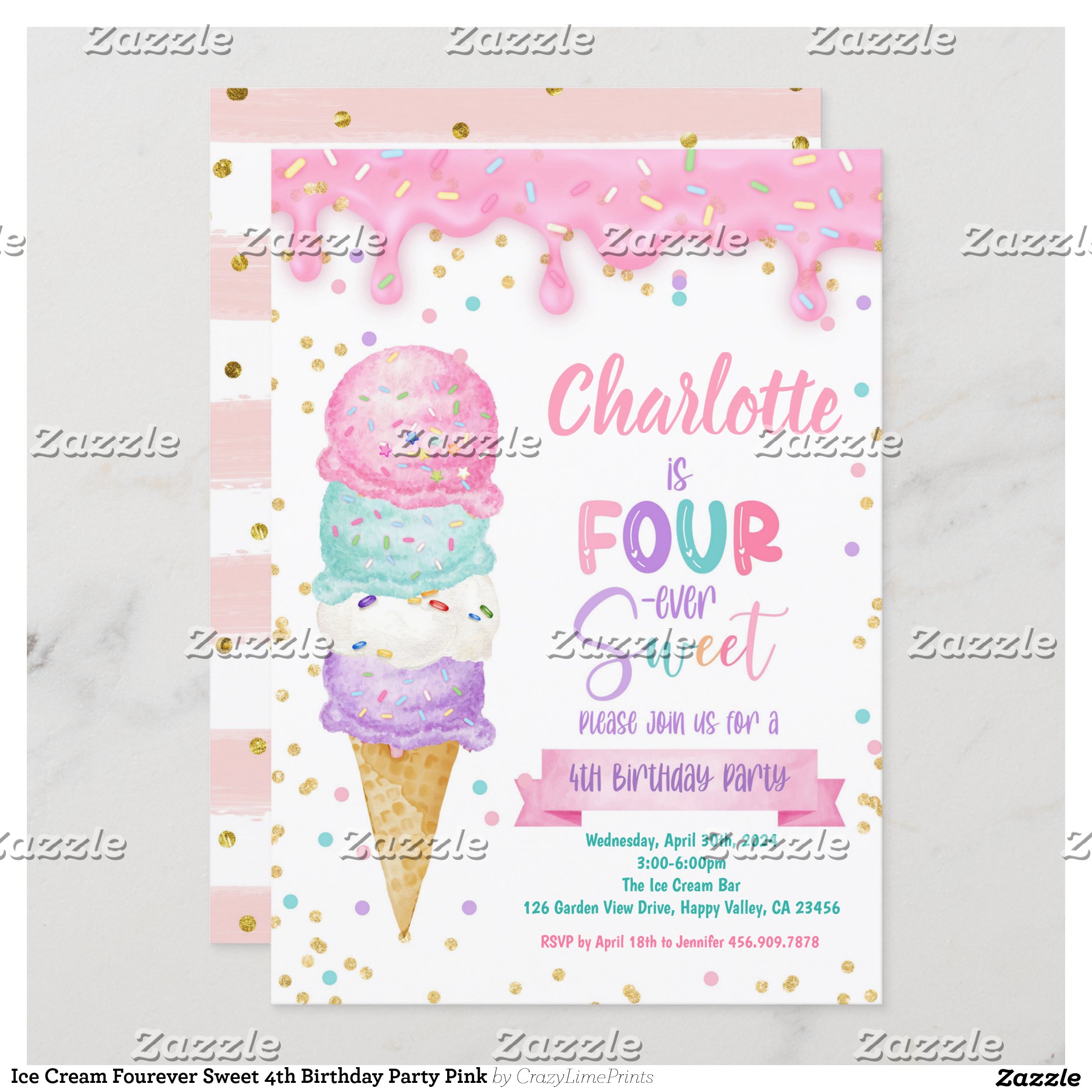 Ice Cream Fourever Sweet 4th Birthday Party Pink Invitation