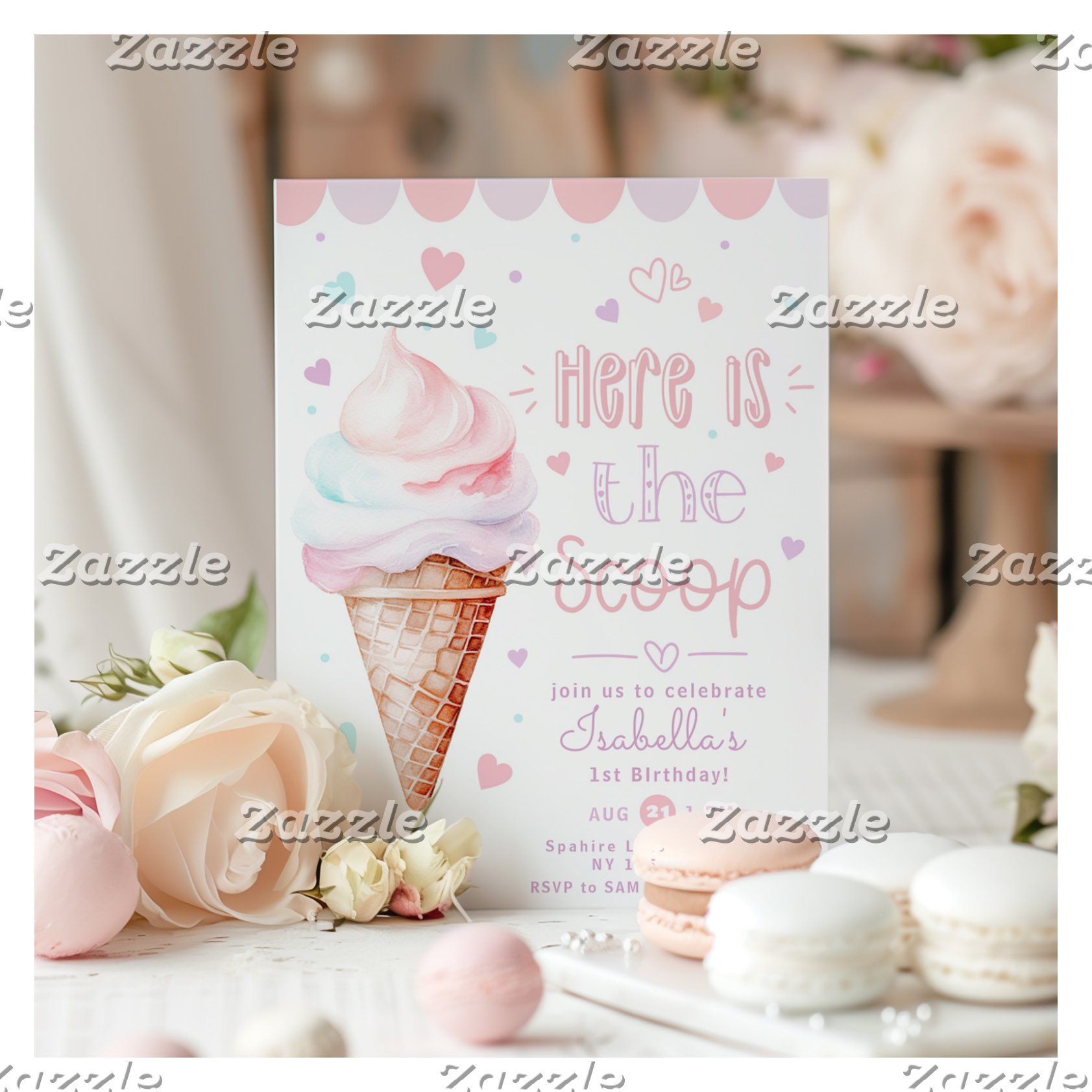 Ice cream Heres the scoop pastel 1st birthday Invitation