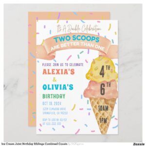 Ice Cream Joint Birthday Siblings Combined Cousin Invitation