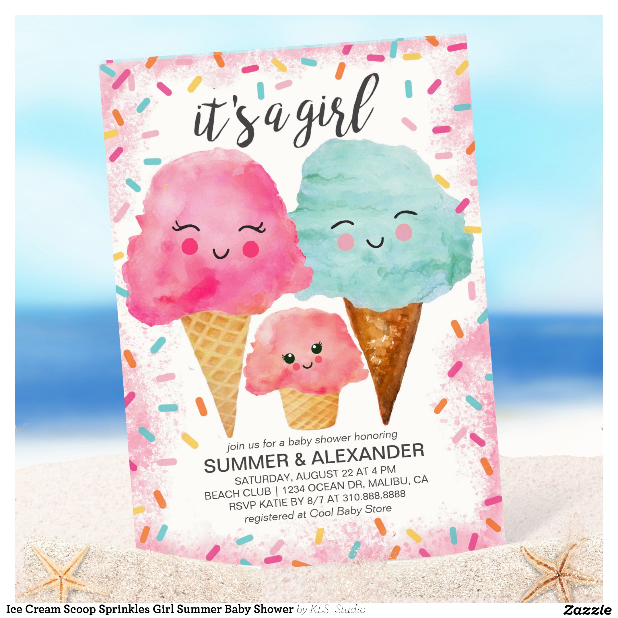 Ice Cream Scoop Sprinkles Girl Summer Baby Shower Invitation