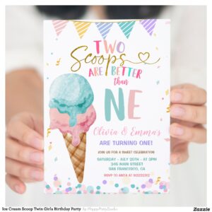 Ice Cream Scoop Twin Girls Birthday Party Invitation
