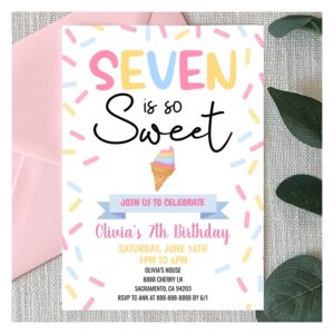 Ice Cream Seven Is So Sweet 7th Birthday Party Invitation