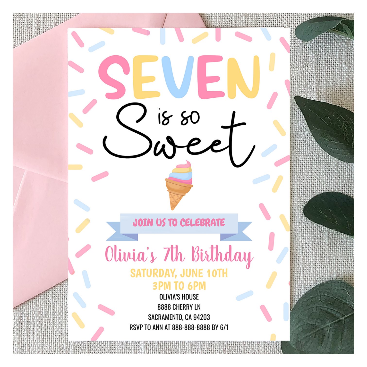 Ice Cream Seven Is So Sweet 7th Birthday Party Invitation