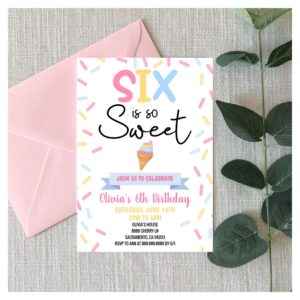 Ice Cream Six Is So Sweet 6th Sixth Birthday Party Invitation