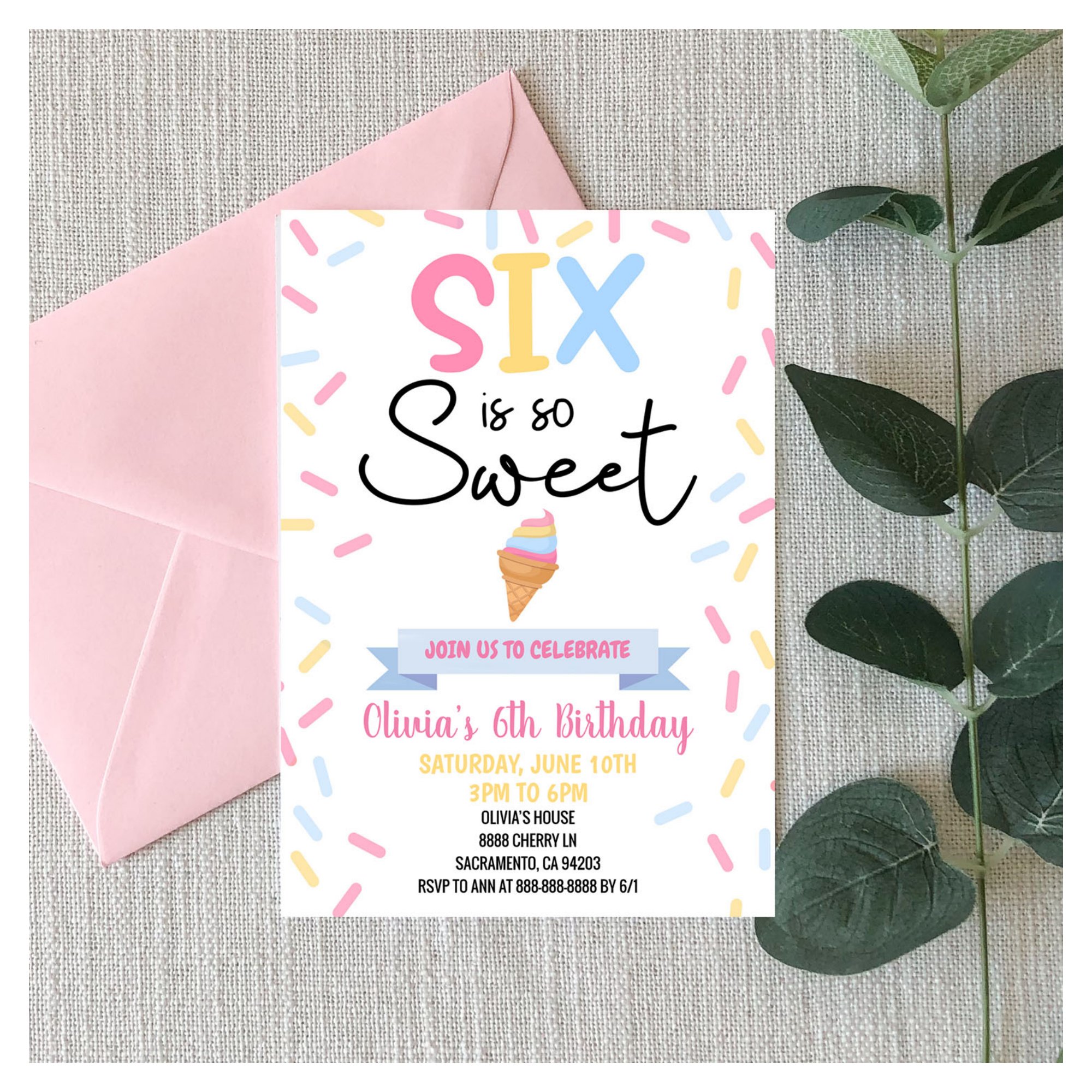 Ice Cream Six Is So Sweet 6th Sixth Birthday Party Invitation